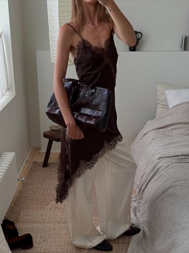 Women Satin Long Lace Cami Top Y2K Spaghetti Strap Side Split Tank Tops Dress Clothes3