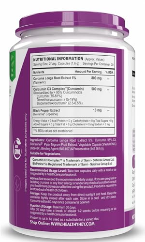 HealthyHey Nutrition Curcumin with Bioperine 1310mg (Ultra Pure) | Organic Turmeric, 60 Vegetable Capsules with Piperine