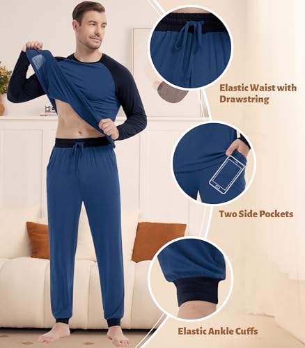 Image of NACHILA Mens Pajamas Set Long Sleeve Henley Sleepwear Top Soft Jogger Pants Pajamas Cool Pjs Set,Viscose Made from Bamboo