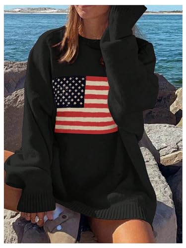 Image of GORGLITTER Women's American Flag Sweaters 2026 4th of July Outfits Fall Oversized Long Sleeve Knit Pullover Tops