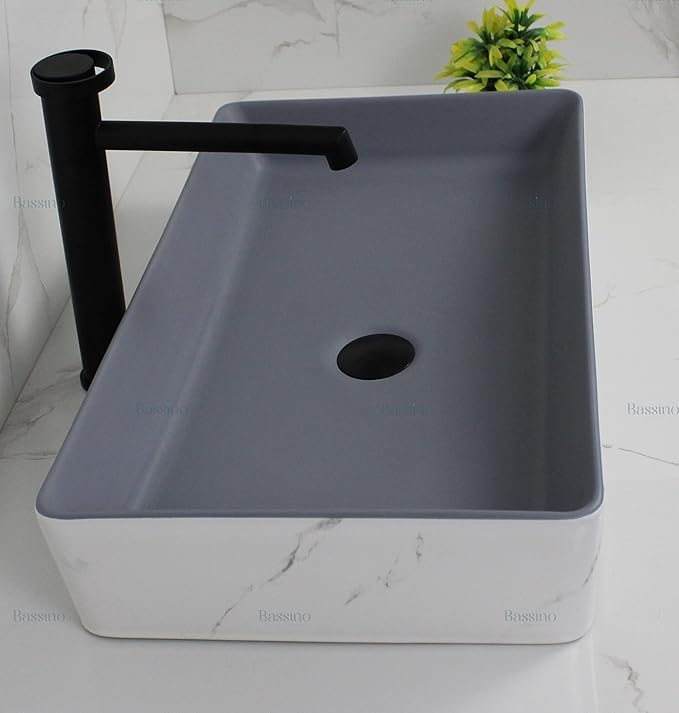 Image of BASSINO 24x14x5 Inches Ceramic Counter Top Wash Basin /1 Year Warranty /White & Grey Basin for Bathroom /Rectangular Shape Tabletop Washbasin for Restaurant /Dining Hall /Living Room /Home(Glossy)