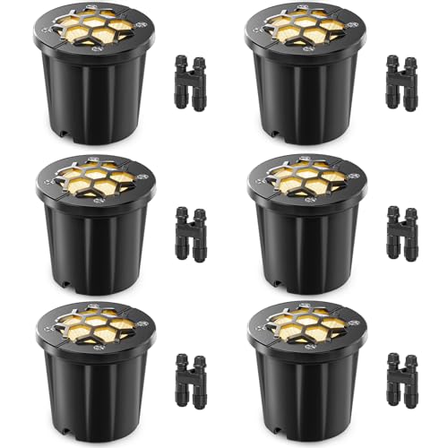 HIBOITEC 6Pcs Outdoor Buried Lights with Wire Connectors, 12W Honeycomb LED Ground Light Mains Powered, 12-24V Outdoor Ground Lights IP67 Waterproof Low Voltage Well Lighting for Garden