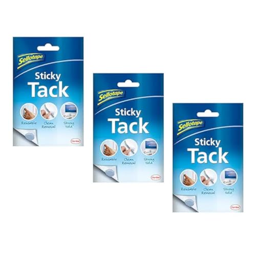 Image of Sellotape Sellotac Sticky Tack for Home & Office, Reusable Adhesive ideal for hanging Photos, Cards or Decorations, can be repositioned and reused, strong hold, easy to use, no mounting needed,45g x 3
