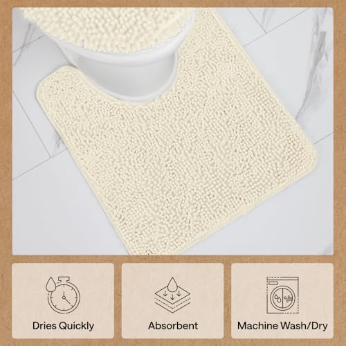 Image of Gorilla Grip Shaggy Chenille Oval U-Shape Contoured Mat for Base of Toilet, 22.5x19.5 Size, Machine Wash and Dry, Soft Plush Absorbent Contour Carpet Mats for Bathroom Toilets, Ivory Cream