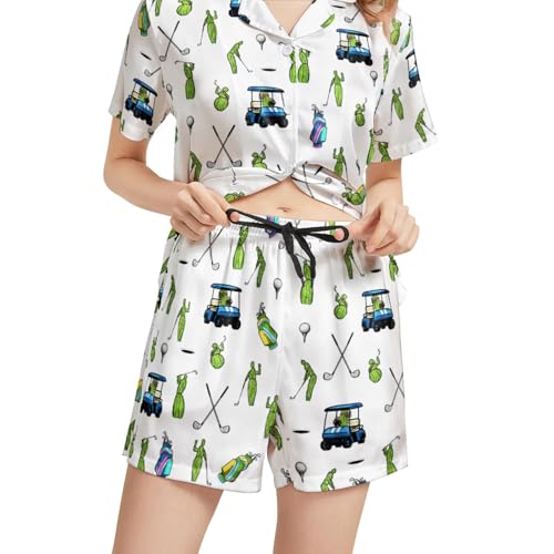 Image of Funny Pajamas for Women Set Print Satin Loungewear Pjs Short Sleeve Button Down Top and Shorts Sets Sleepwear XS-3XL