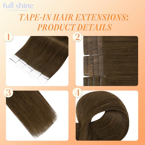 Image of Full Shine Seamless Injected Tape in Hair Extensions Human Hair, Color 4 Medium Brown Double Sided Tape in Extensions, 40g 20Pcs 16 Inch Add Volume Silky Straight with Thick Ends