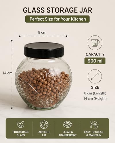 Image of Designer Transparent Glass Storage Jar with Black Plastic Airtight Lid, 900 ML Food Grade Kitchen & Pantry Storage Container, Size 8 X 14 X 14 cm, Ideal for Pulses, Dry Fruits, Pack Of 2