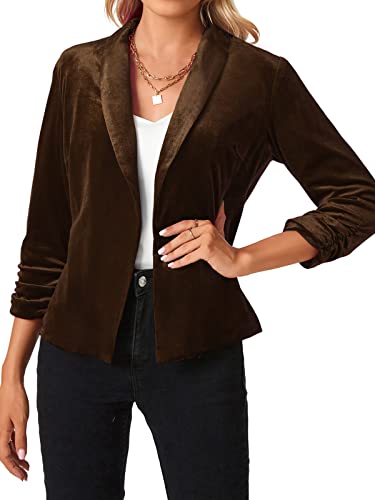 MINTLIMIT Women's Velvet Blazer 3/4 Ruched Sleeve Jacket Shawl Lapel Open Front Casual Blazers Jackets3
