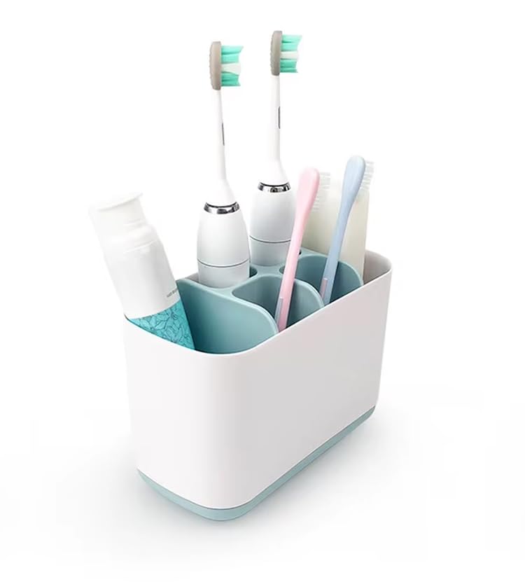 Image of LUXART Toothbrush Holder | Multipurpose Bathroom Organizer with Drainage System | 17.5 x 9 x 11.5 cm White & Blue Large Capacity Caddy for Electric Toothbrushes Toothpaste and Skincare Accessories