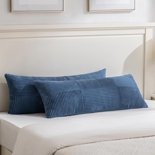 Image of Fancy Homi Set of 2 Dusty Blue Boho Long Lumbar Body Decorative Throw Pillow Cover 14x36 Inch for Bed Couch Bedroom Bench, Soft Patchwork Corduroy Textured Pillow Case, Rustic Farmhouse Room Decor
