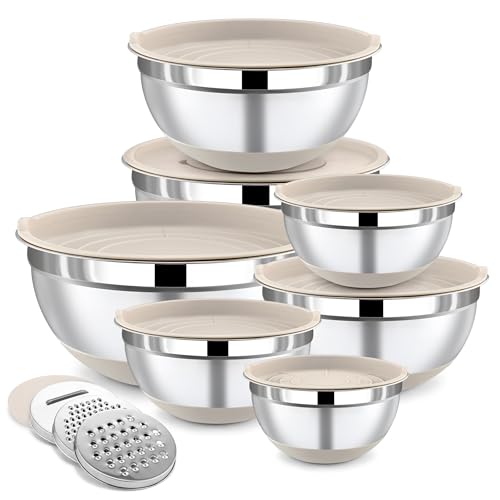 BEWOS Rührschüssel mit Deckel 7-teilig, Edelstahl Rührschüsseln mit Reibe, Nesting Design & Khaki Rutschfeste Böden Rührschüssel, Größen 0.5, 1, 1.4, 1.85, 2.35, 3.2, 4 L zum Mischen&Servieren