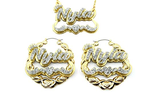 Name Necklace Plate Personalized Custom Nameplate and 2.5" XOXO Gold Earrings With Swirls Heart and Crown on Top Jewelry Set Laser Cut Diamond Look Glitter Script Cursive Letters, Quality Gold Chain3