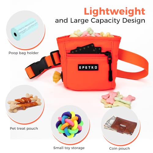EPETKO Leckerlibeutel für Hunde mit Metall-Gürtelclip, Leistungsstarke Magnetverschluss Gerät Beutel Leckerli Hund Gürtel, Große Kapazität Hund Leckerli Tasche Beutel mit Poop Bag Dispenser (Orange)