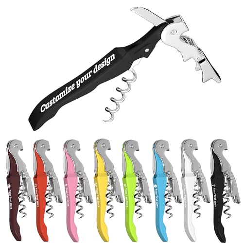 Custom Wine Opener Bulk, Waiter Corkscrew Wine Key with Foil Cutter, Double Hinged Stainless Steel Wine Bottle Opener, Personalized Logo & Text, Gifts for Servers, Bartenders, Sommelier (Black)