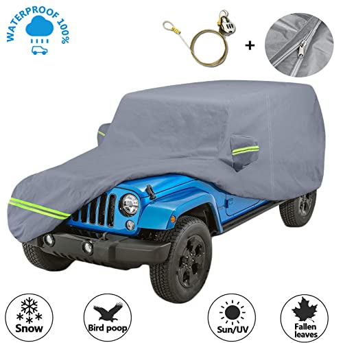 Virego 210D Oxford Car Cover for Wrangler 2 Door Waterproof YJ,TJ,JK,JL.with Zipper Door,Reflective Strip,Windproof Straps,All Weather Protection Snow Proof UV,Compatible with Jeep Wrangler 1987-2021