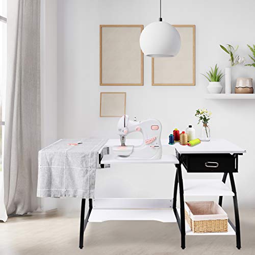 BAHOM 2 in 1 Adjustable Sewing Craft Table Desk with Storage Drawer, Multifunctional Craft Cutting Table with 2 Shelves, Sturdy - White - Thumbnail 2