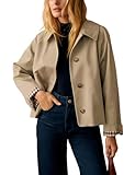 Dqbeng Womens Cropped Trench Coat Classic Collar Oversized Casual Jackets with Checkered Lining, Tan, Small