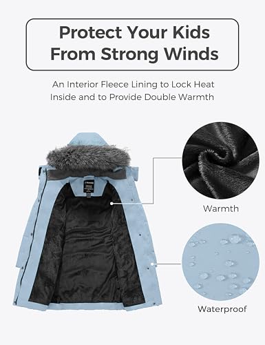 Image of wantdo Girls Winter Coats Long Puffer Jackets Fleece Lined Removable Hood | Detachable Faux Fur, 5000mm Waterproof, Zippered Pockets, Machine Washable