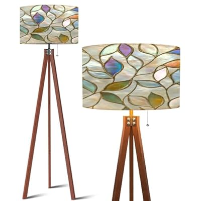 QFHOMTEOL Wood Tripod Floor Lamp Leaves Pattern Stylized Seamless Texture 3D Modern Standing Lamp Linen Lampshade Dimmable Tall Lamp Mid Century Floor Lamp for Living Room Bedroom