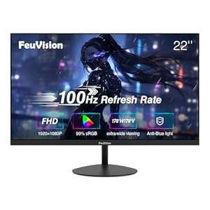 FeuVision 22inch Computer Monitor, FHD 1080p, 100Hz PC Monitor, 4ms Response Time, 3-Sided Frameless, Ultra Slim, VESA Mountable, Anti-Blue Light Design, HDMI, VGA