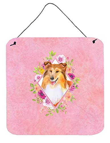 Caroline's Treasures CK4182DS66 Sheltie Shetland Sheepdog Pink Flowers Wall or Door Hanging Prints Aluminum Metal Sign Kitchen Wall Bar Bathroom Plaque Home Decor, 6x6, Multicolor