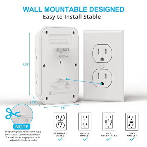 Usb Wall Charger, Surge Protector,6 Outlet Extender With 3 Charging Ports (1 C Outlet,3.4A) 900J Power Strip Multi Plug Outlets,Wall Mount For Home Travel Office Etl Listed #TOP3