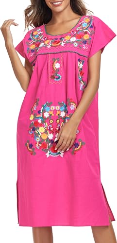 Image of YZXDORWJ Women Mexican Embroidered Long Dress Ruffle Collar Maxi Boho Floral Summer Short Sleeve