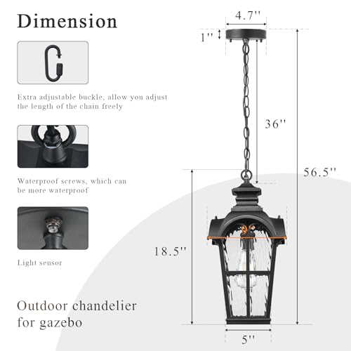 Image of Waterproof Outdoor Pendant Light for Porch 18.5 Inch Large Hanging Porch Lights with Adjustable Chain Dusk to Dawn Aluminum Outdoor Hanging Light Fixture with Water Ripple Glass E26 Socket