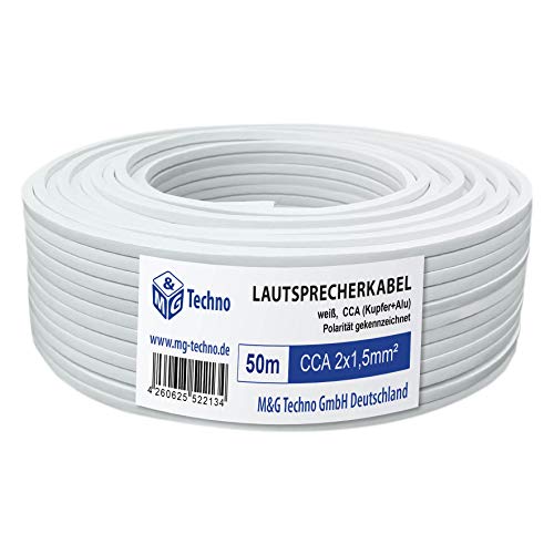 50m Cable de altavoz 2x1,5mm² CCA rectangular blanco marcas de longitud, Model 3320