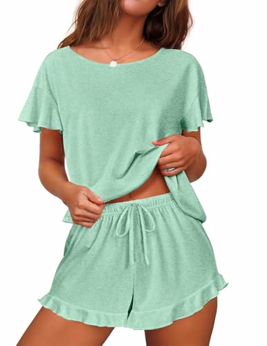 Image of Ekouaer Women's Pajama Set Ruffle Sleeves Top and Short Soft 2 Piece Loungewear Set