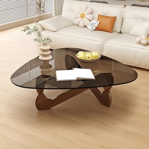 XLXYKMOZ Triangular Tempered Glass Coffee Table,Mid-Century Modern Style Decorative Center Table with Irregular Solid Wood Base,Suitable Living Room,Office (Gray Glass+Walnut-Colored Legs)
