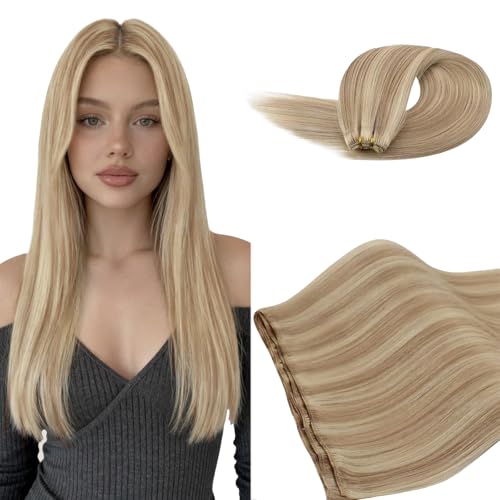 Image of Ugeat 24 Inch Weft Hair Extensions Human Hair, Human Hair Extensions Sew in 100g, Sew in Extensions Long Straight, Ash Blonde Highlights Medium Blonde