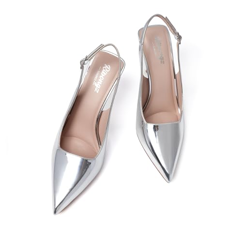 RIBONGZ Closed Toe Pointy High Heels Silver Wedding Bride Pumps for Women Sexy Slingback Heels Prom Party Evening Dressy Shoes3
