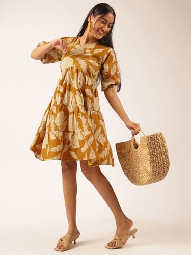 Image of Vbuyz Women's Floral Print Flared Cotton Beige Stitched Dress