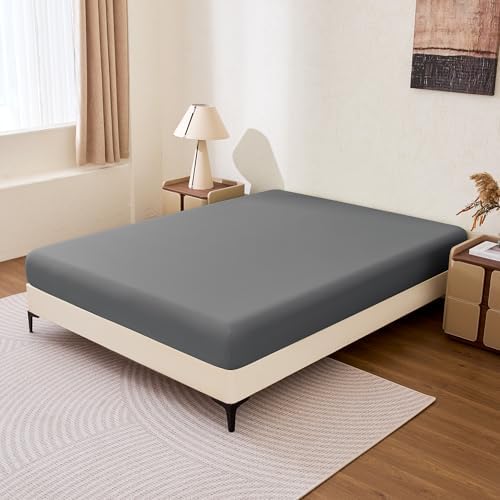 Amazon Basics Soft Fitted Sheet, Lightweight Bottom Sheet, 14-Inch Deep Pocket, Durable and Long Lasting, Easy Care, Queen, Dark Gray, Pack of 1 - 1