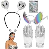 Eowppue Accesorios de Alien para Disfraces – Set 3 en 1 con Diadema Plateada, Gafas de Sol Plateadas, Guantes Plateados y Brillantina Plateada Fiestas Temáticas y Cosplay