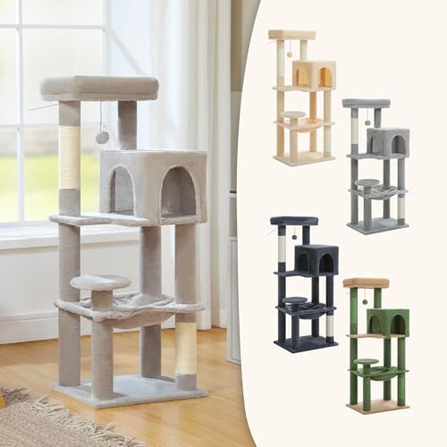 Image of MUTTROS Cat Tree for Indoor Cats, 44.5 inch Multi-Level Cat Tower with Large Metal Frame Hammock, Cat Condo with 2 Scratching Posts and Top Perch for Small to Medium Cats, Grey
