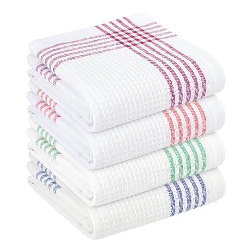 Image of Waffle White & Multi Colors Kitchen Towels Set of 4, 100% Cotton, 16x26 inches, Quick Dry Dishcloths, Ideal Dish Towel for Drying, Wiping - Indigo Blue, Red, Dark Green, Burgundy