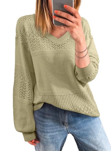 Image of SHEWIN Women's Sweaters Casual Long Sleeve V Neck Crewneck Lightweight Crochet Pullover Sweater Tops
