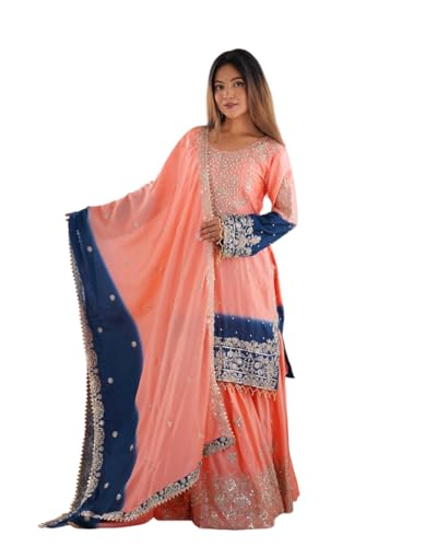 Women's Chinon Silk Sequence With Rivet Moti Work Straight Kurta With Sharara and Dupatta Set (Peach-XL)