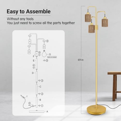 Image of BoostArea Industrial Floor Lamp for Living Room,Gold Modern Standing Lamp Stand Up Lamp with 3 Light, Bulbs Not Included,Simple Design Floor Lamp for Bedroom, Living Room, Office, Kids Room, Reading