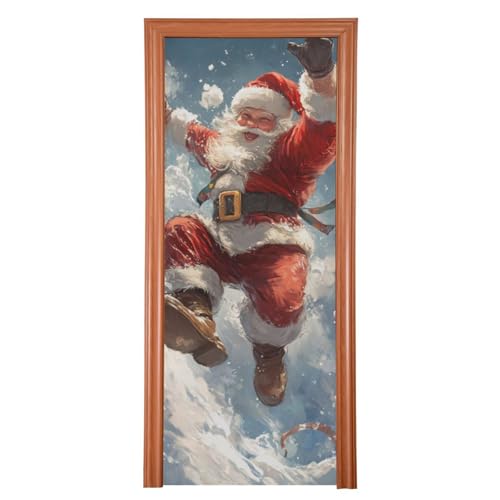 FLildon Santa Claus Snowy Christmas Door Cover Decoration, Party Accessory Porch Decor for Festive Ornament Room Door Covers 32 x 79 Inch