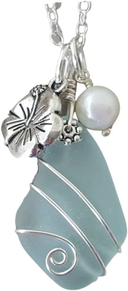 yinahawaii Handmade Seafoam wire wrapped sea glass necklace, Hibiscus charm, Natural pearl, (Hawaii Gift Wrapped, Customizable Gift Message)