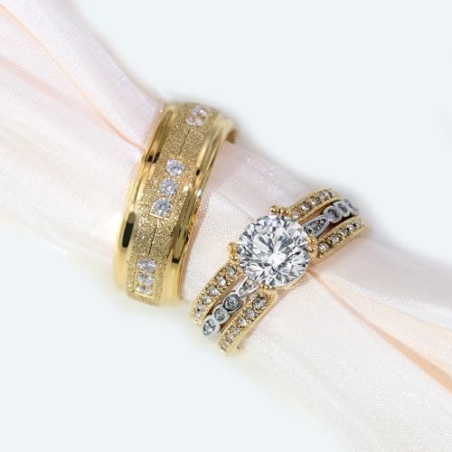 lvrong Couple Rings Matching Rings Yellow Gold Plated 1.5CT AAA CZ 2pcs Women Wedding Ring Sets for Him and Her Rings Men Band by lvrong - Used condition - Image 2