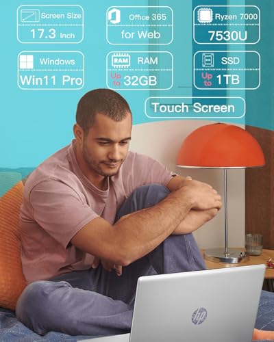 Image of HP 17.3 inch Touchscreen Laptop for Home Office, AMD Ryzen 5 7530U (6-Core), 12GB RAM, 512GB SSD, Wi-Fi 6, Windows 11 Pro, Numeric Keypad, HDMI, Fast Charge, AI Copilot, w /AI Voice Recorder, Pack of 25
