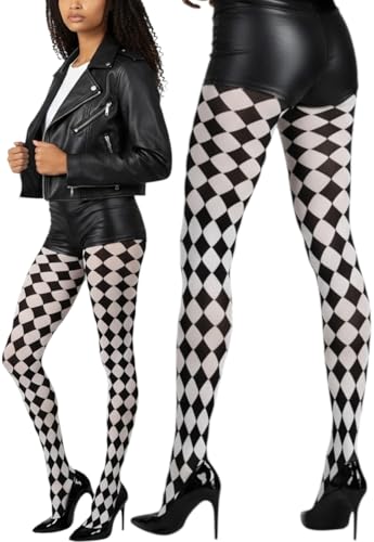 Image of ToBeInStyle Women's Harlequin Checkered Diamond Optical Illusion Opaque Tights Pantyhose - Black & White