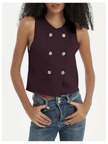 Image of SHENHE Women's Double Breasted Sweater Vest Sleeveless Crewneck Elegant Dressy Vest Tank Red Violet Large