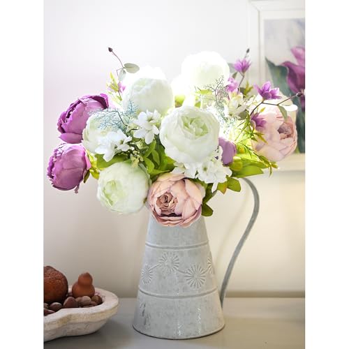 Image of FiveSeasonStuff Artificial Peonies Bouquet - Set of 2 Whimsical Lavender Bliss Silk Flowers, Purple and White Blooms, Multiple Stems per Main Stem, for Weddings, Home Decor, DIY Floral Arrangements