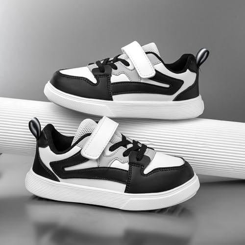 Boys and Girls Board Shoes Adjustable Hook and Loop Classic Low Top Kids Sneakers for All Season Black Grey White3