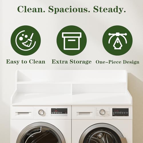 Apetaccat Arbeitsplatte für Waschmaschine und Trockner mit 2-stufigem Regal, Wasserabweisende Waschmaschinenabdeckung, Waschmaschinenregal mit Anti-Rutsch-Pads, Abdeckung Waschmaschine Holz, weiß